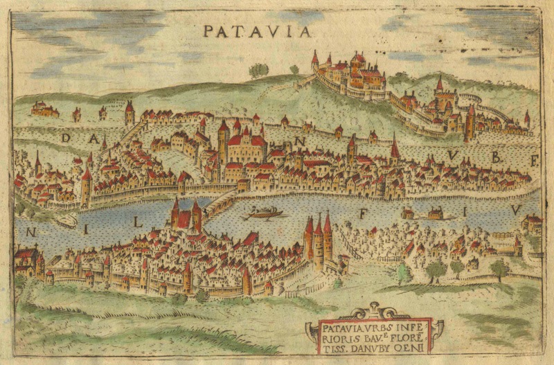 Blick auf Passau von Süden. Radierung von Francesco Valegio, altkoloriert, ca. 1600. 8,4 x 13 cm. Sign.: S/Graph. 448. 